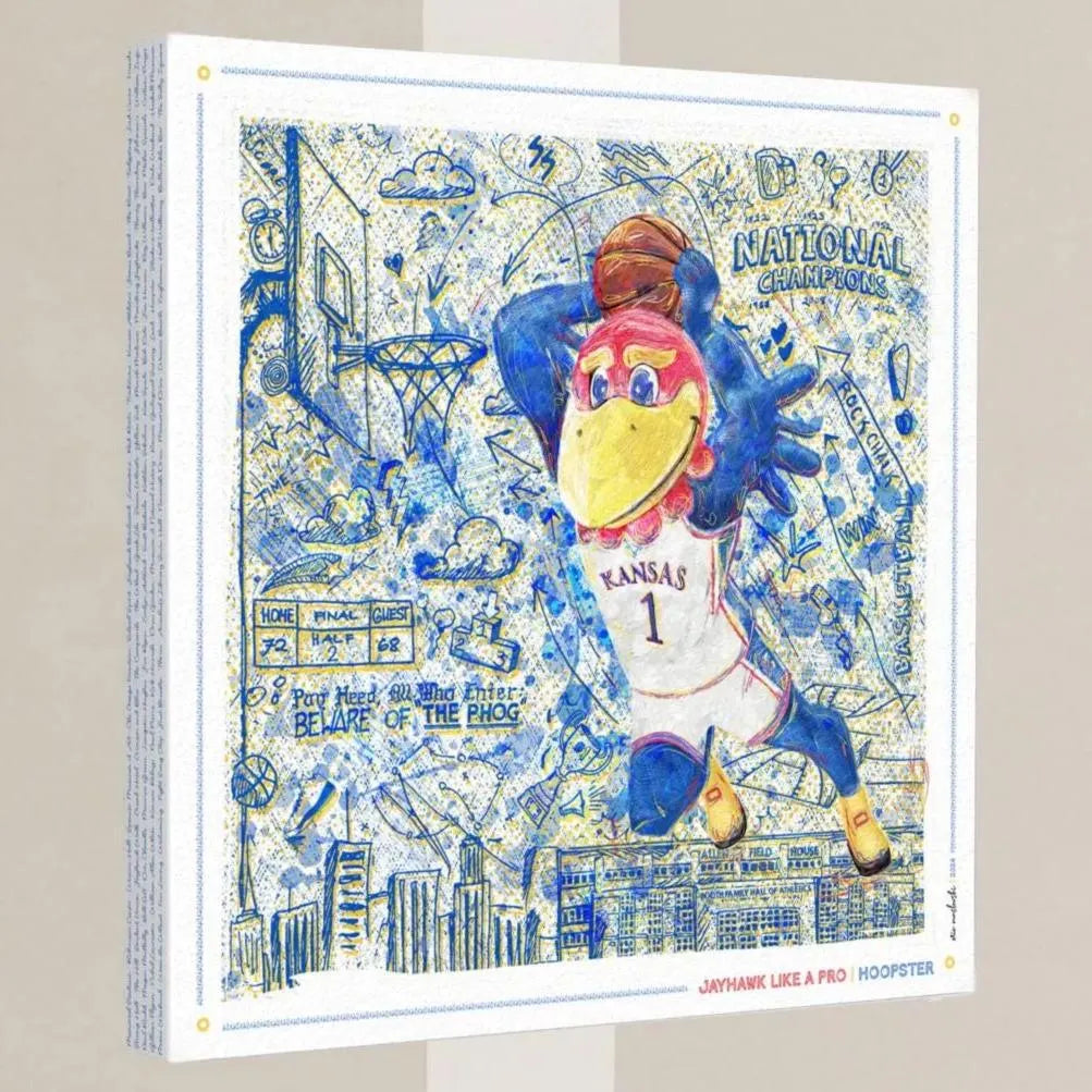 The image is a colorful and detailed collage featuring a cartoon bird character wearing a Kansas basketball uniform, holding a basketball and jumping in the air. The collage includes various elements such as a basketball hoop, buildings, and other basketball-related imagery.