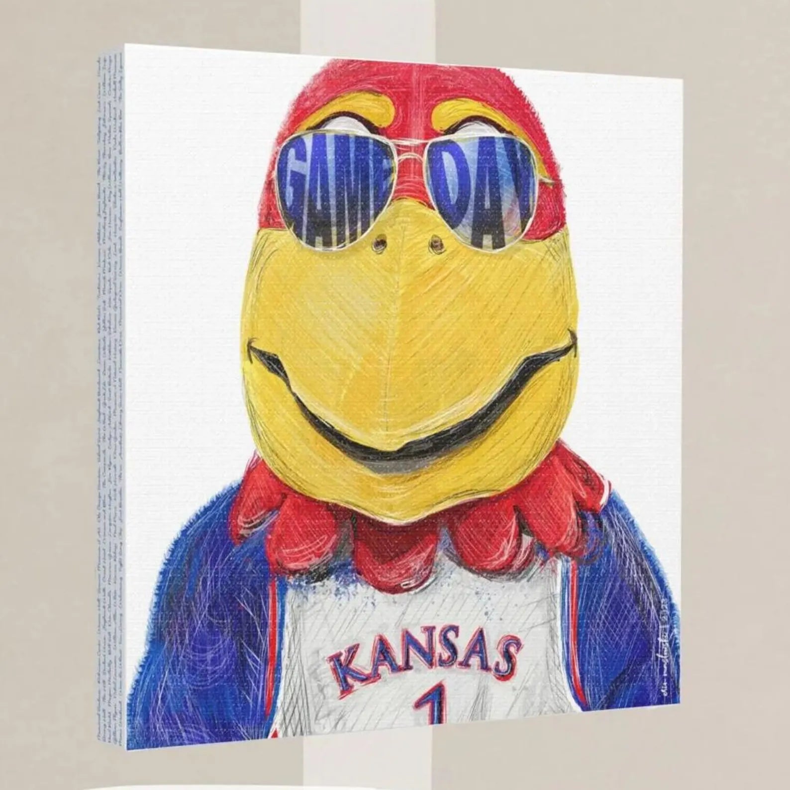 A colorful illustration of a mascot character wearing sunglasses and a Kansas City Royals jersey, with the word "GAMDAY" written on the sunglasses.