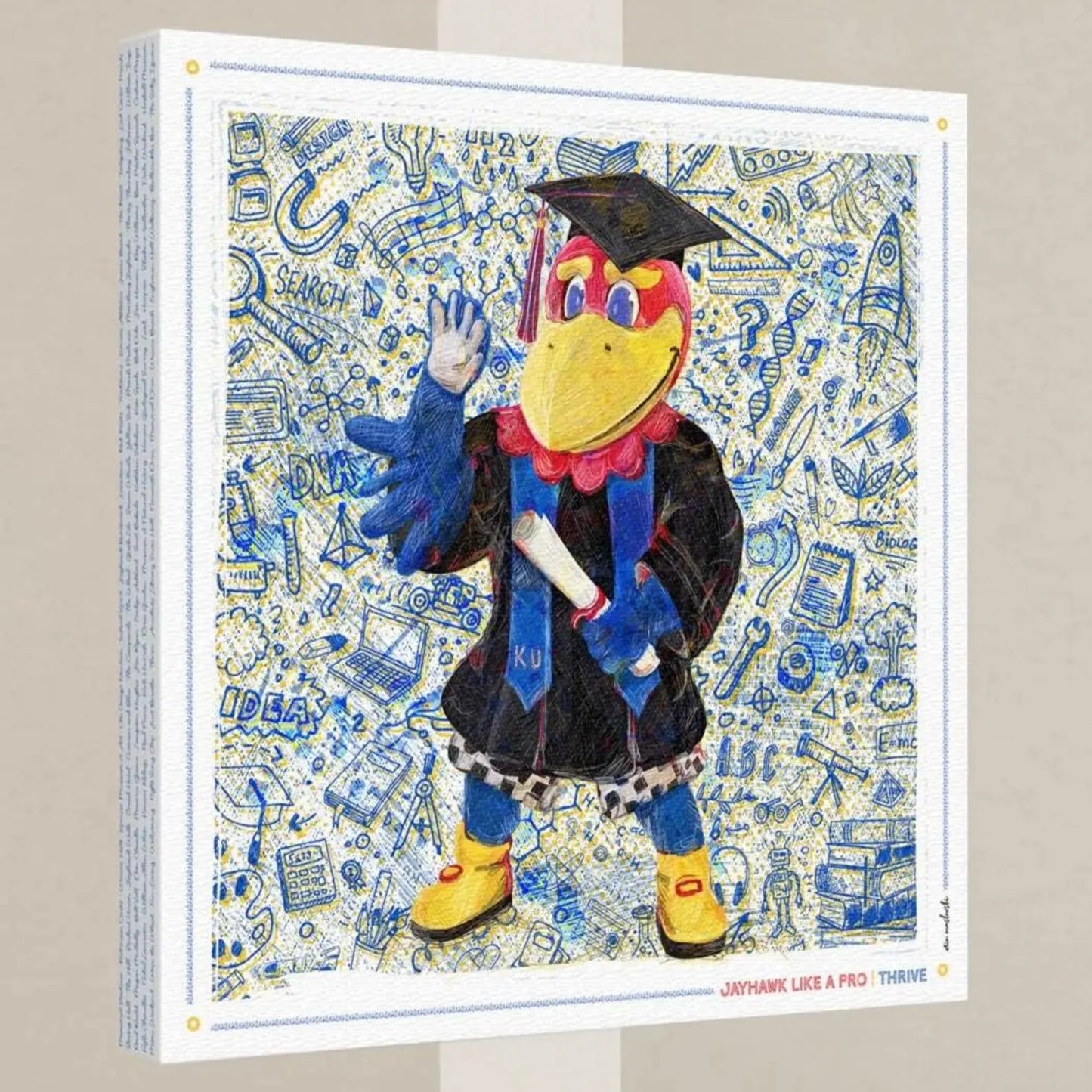 A colorful illustration of a bird character wearing a graduation cap and gown, surrounded by various educational and scientific elements.