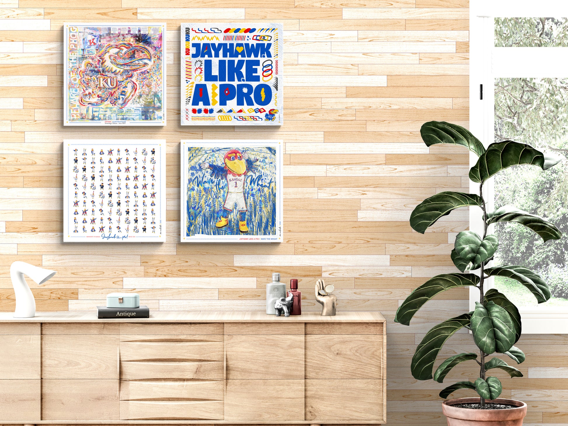 a wooden dresser with various items on it, including a potted plant, a lamp, and some framed artworks. The wall behind the dresser has a wooden panel design, and there is a window in the background.
