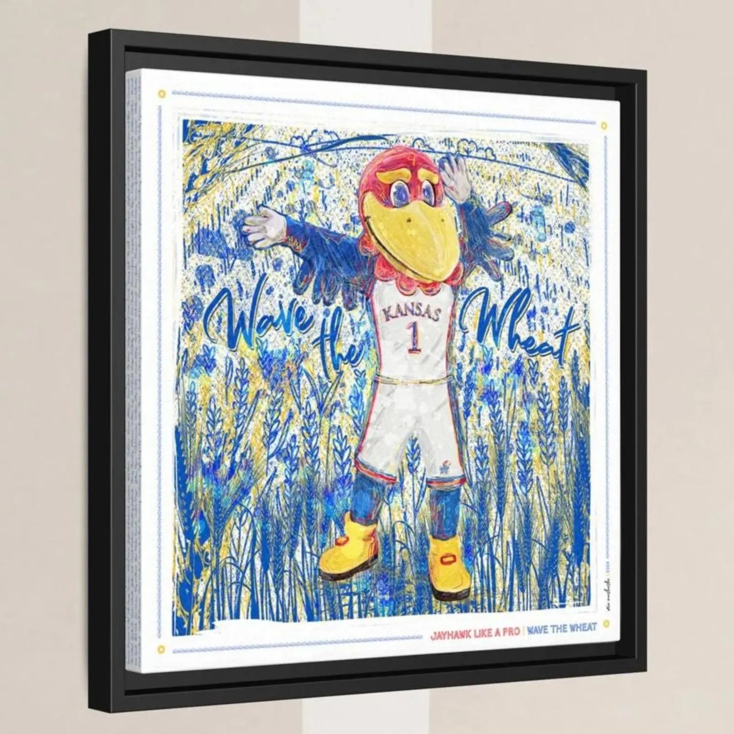 A framed illustration of a mascot character, likely representing a sports team, with the text "Wave the Wheat" written on it.