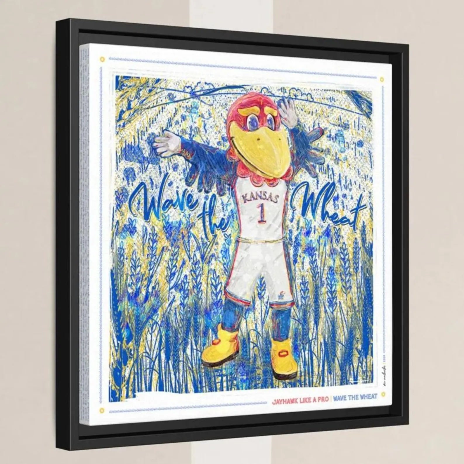 A framed illustration of a mascot character, likely representing a sports team, with the text "Wave the Wheat" written on it.
