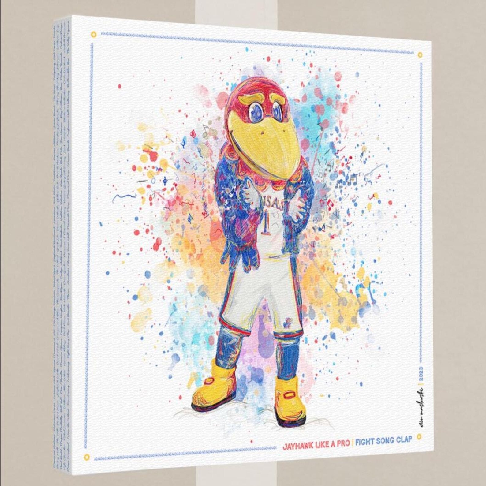A colorful and vibrant illustration of a bird mascot, likely representing a sports team or organization, wearing a uniform and standing in a dynamic pose.