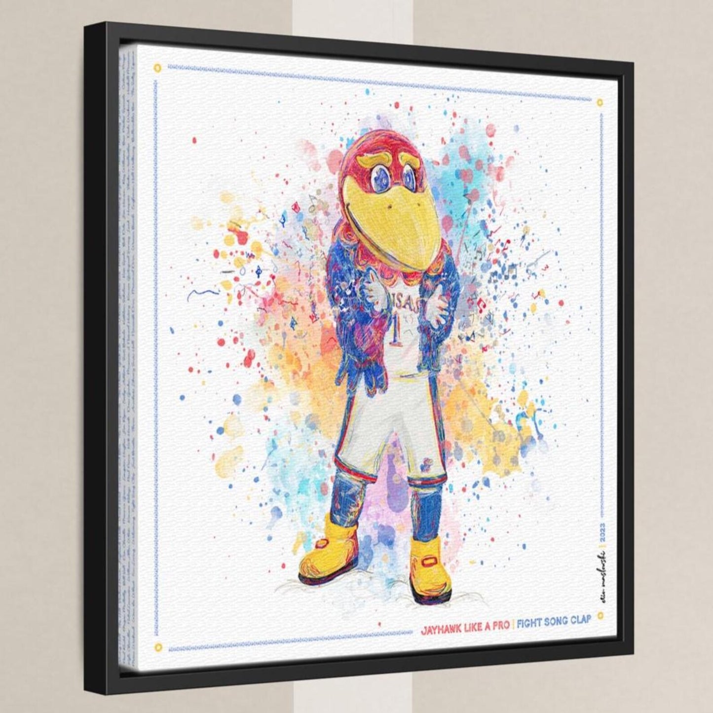 A colorful and vibrant illustration of a bird mascot, likely representing a sports team or organization, with a dynamic pose and expressive facial features.
