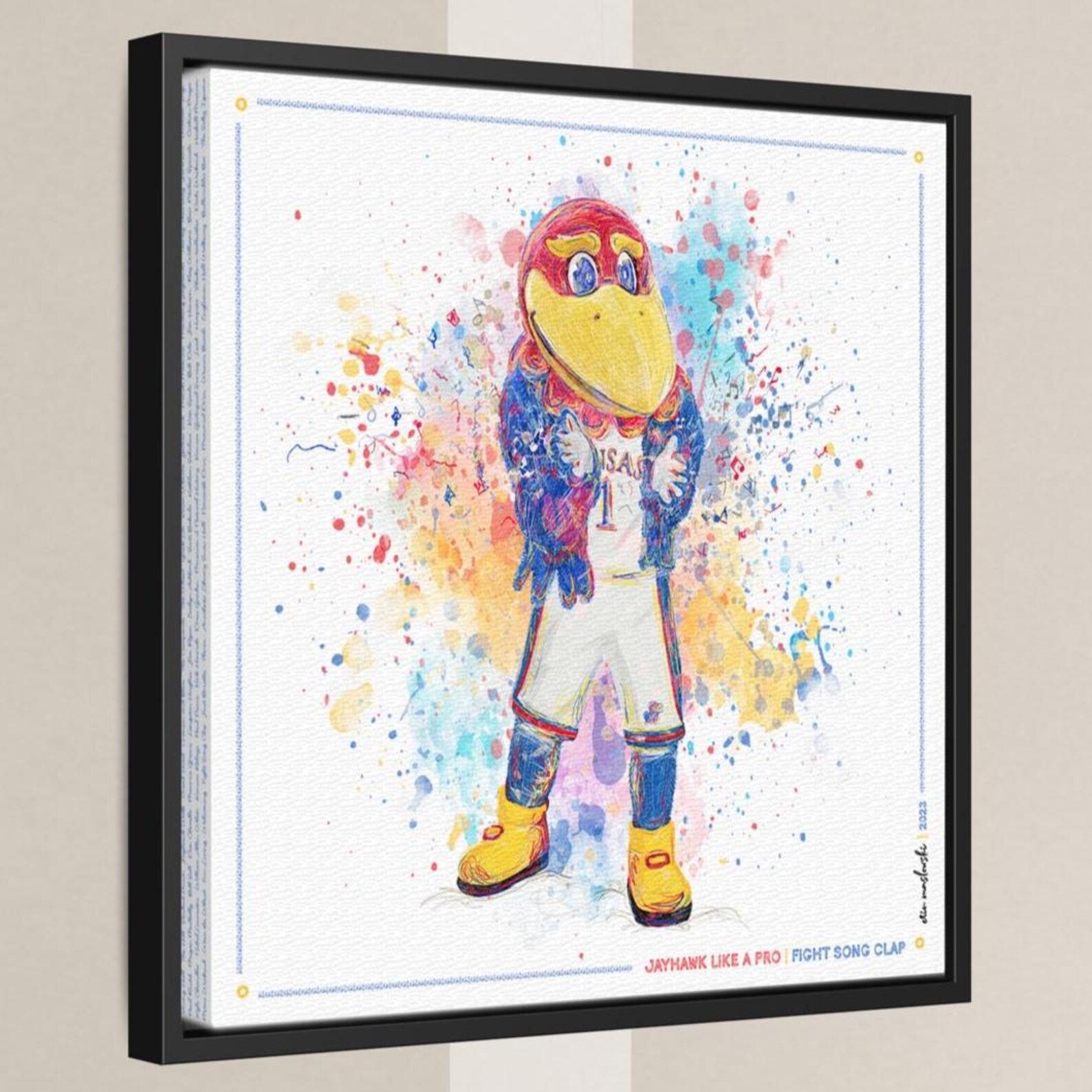 A colorful and vibrant illustration of a bird mascot, likely representing a sports team or organization, with a dynamic pose and expressive facial features.