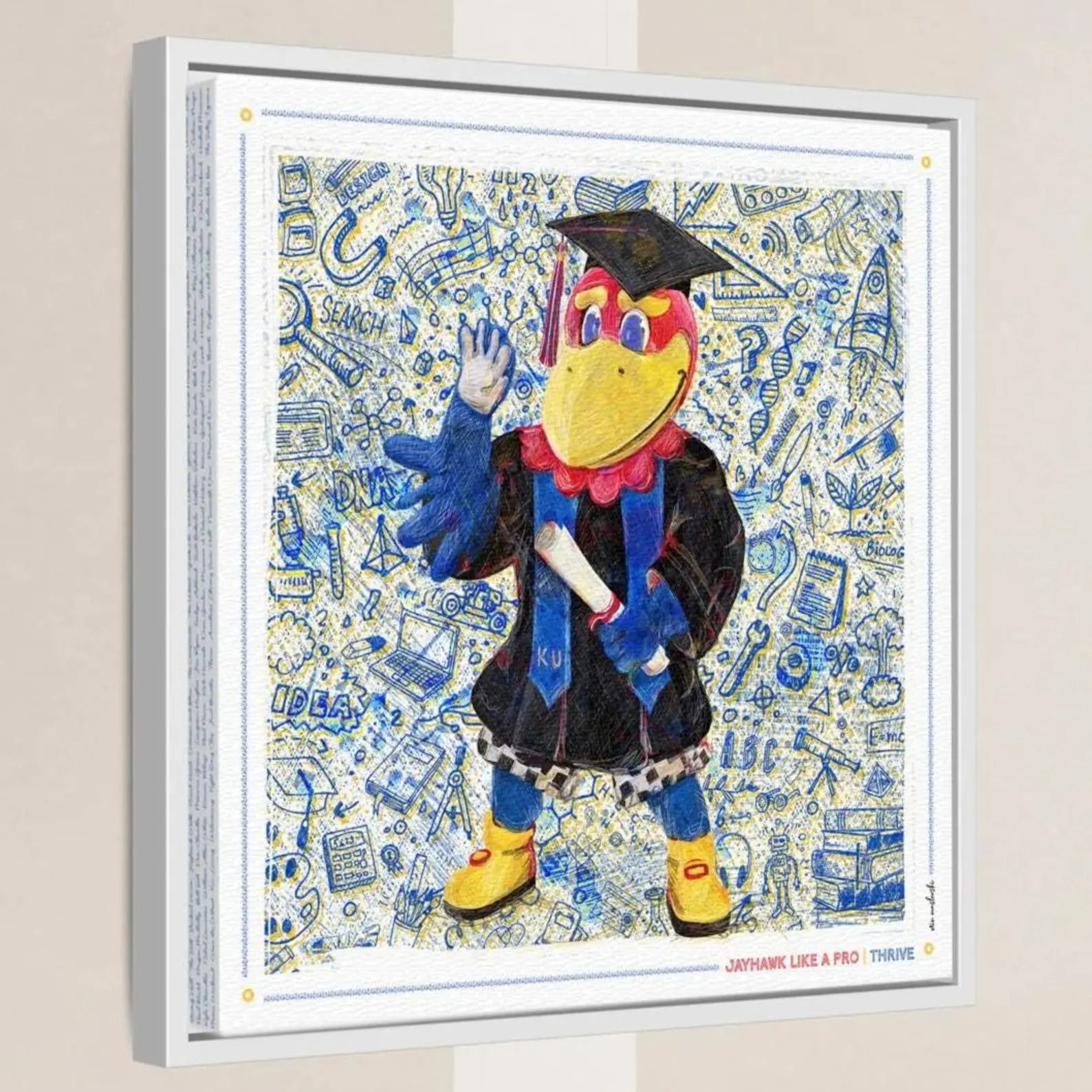 A colorful and whimsical illustration of a bird character wearing a graduation cap and gown, surrounded by various educational and scientific elements.