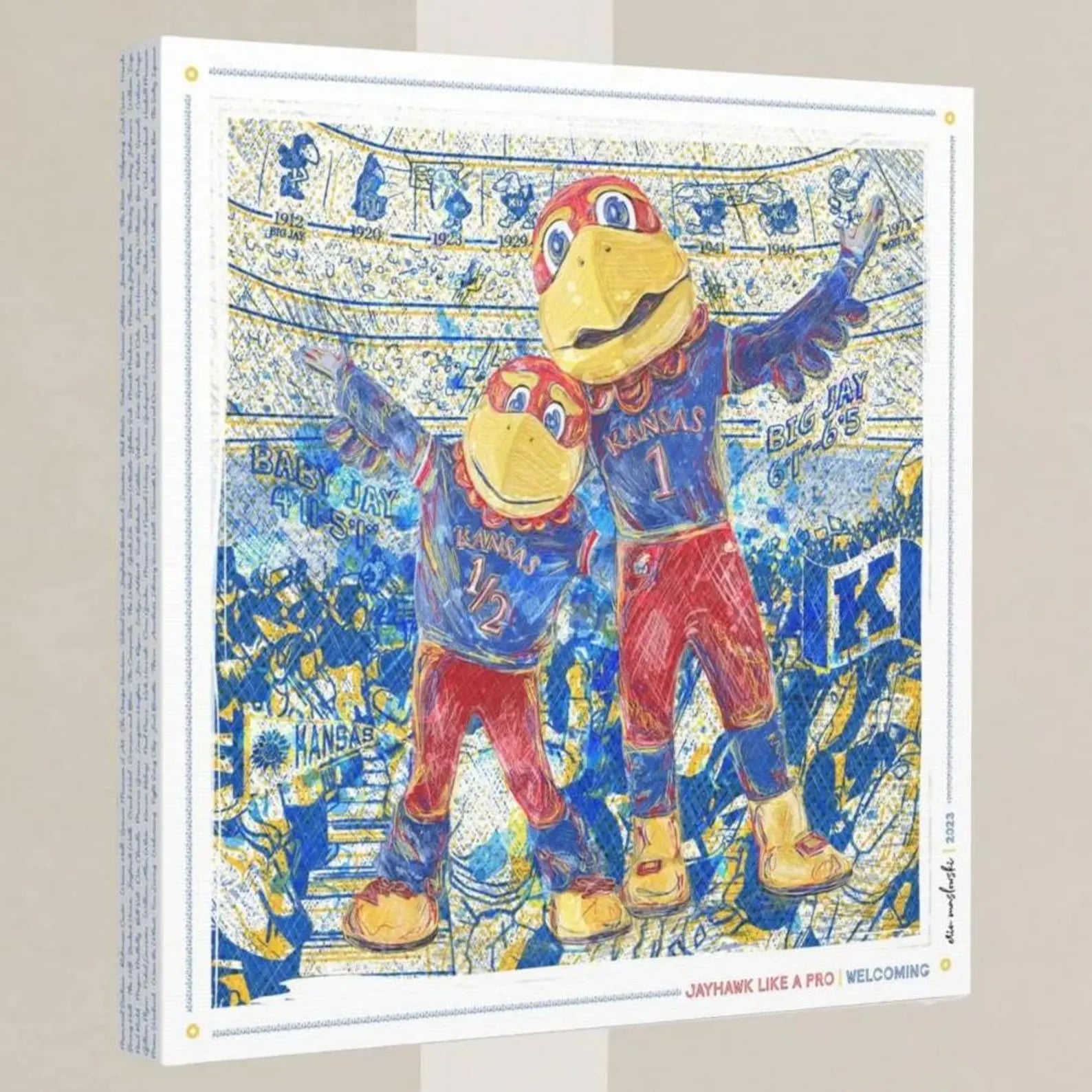 The image is a colorful and vibrant collage featuring two cartoon bird mascots, likely representing Kansas City Royals, in a stadium setting.