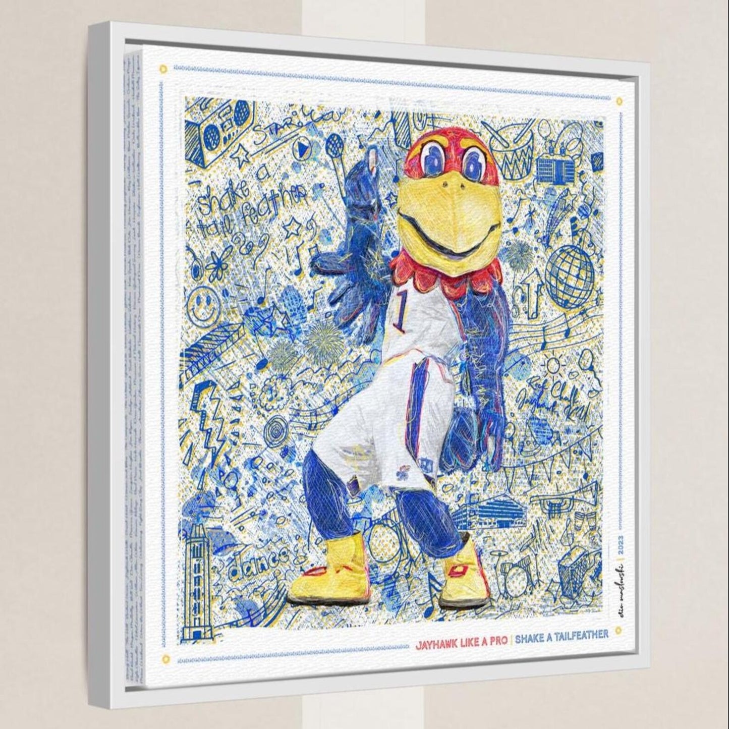 a colorful and whimsical depiction of a bird mascot, with various elements such as musical notes, clouds, and other abstract shapes surrounding the mascot.