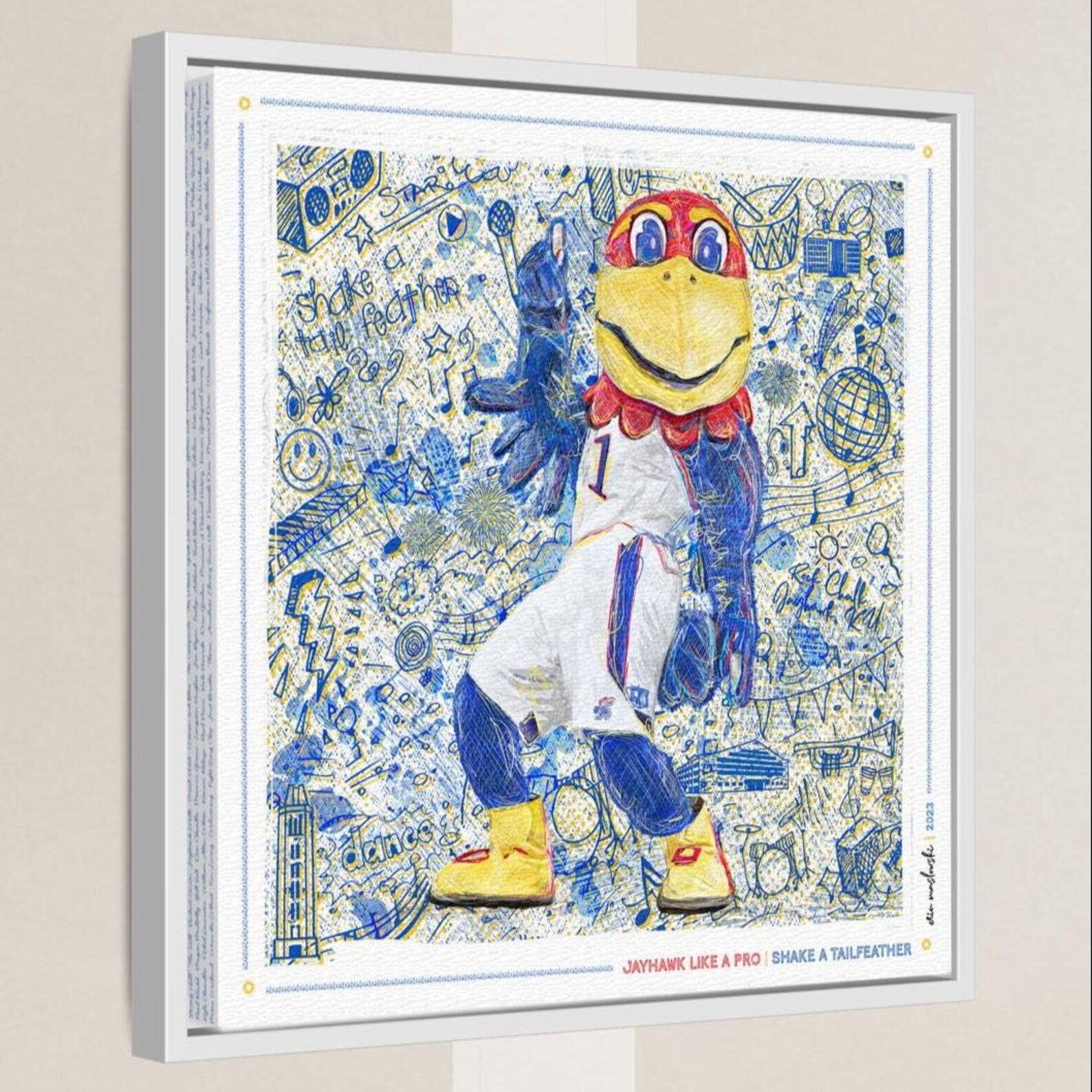 a colorful and whimsical depiction of a bird mascot, with various elements such as musical notes, clouds, and other abstract shapes surrounding the mascot.