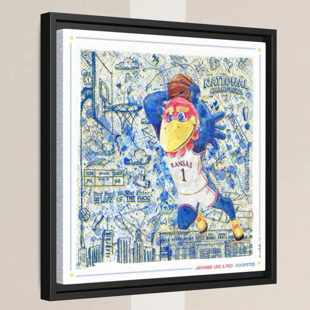 The image is a framed artwork depicting a cartoon bird character wearing a Kansas City Royals basketball jersey, holding a basketball and standing on a basketball court.