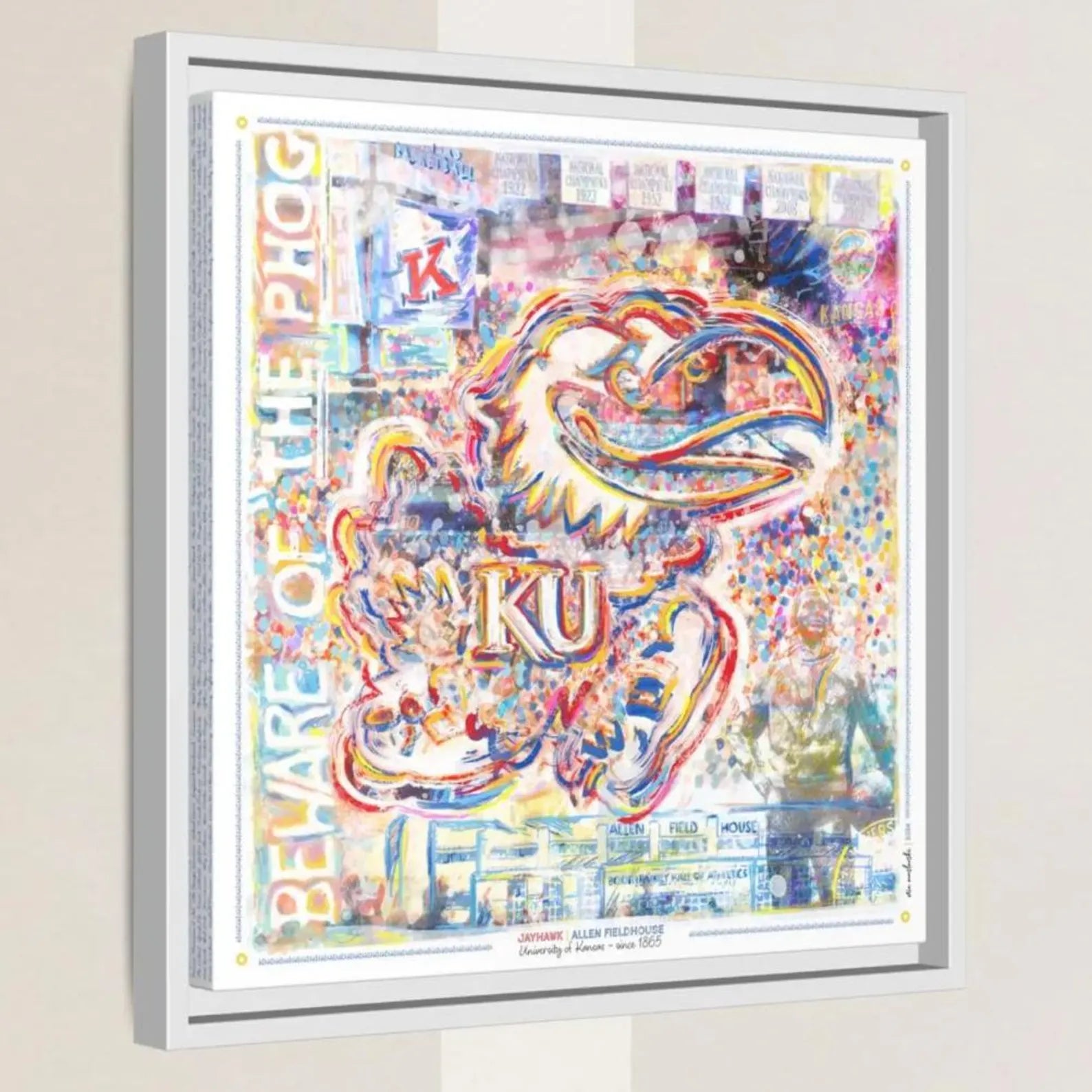 The image is a vibrant, colorful collage featuring a large, stylized bird-like creature with a bold, multicolored design. The collage includes various other elements such as text, logos, and abstract shapes, creating a visually striking and dynamic composition.