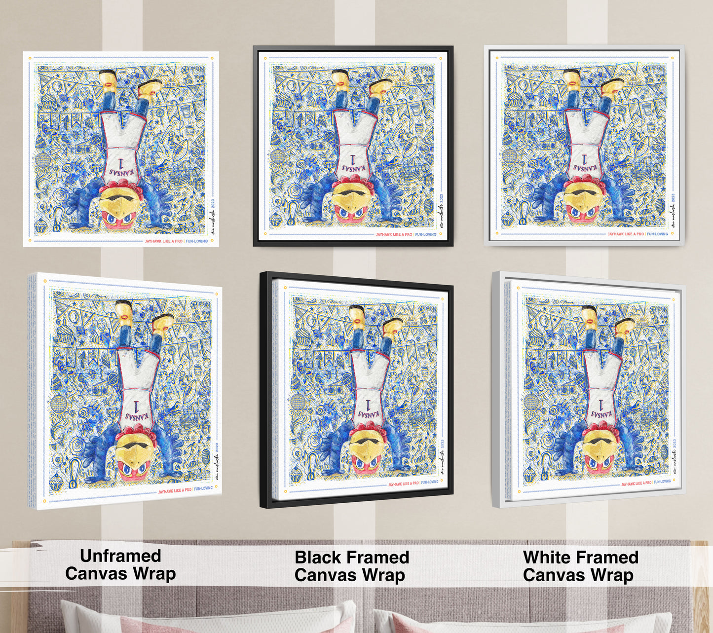 KU Jayhawk Fun-Loving Art: University of Kansas Handstand Sketches Canvas Print