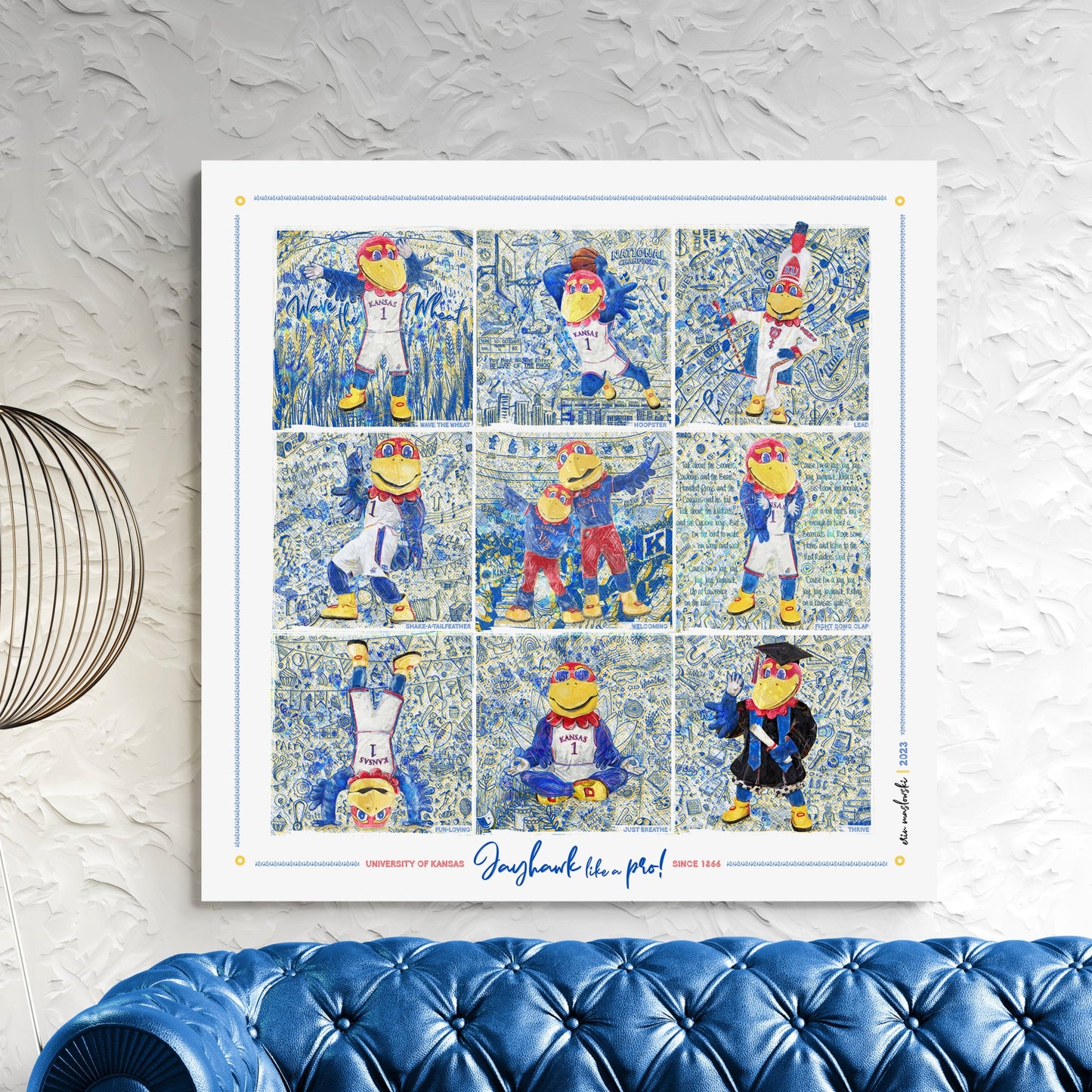 Jayhawk like a Pro | Blue Sketches | KU Jayhawks Art | Kansas Mascot | KU Gift |  | Graduation | Canvas Print No | Frame Needed