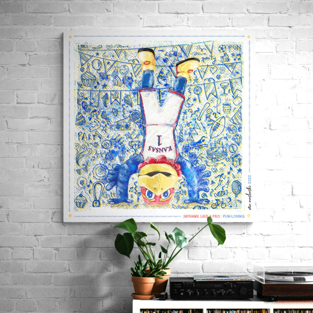 Jayhawk like a Pro | Fun-Loving | Handstand | KU Blue Sketches | Canvas Print | No Frame Needed