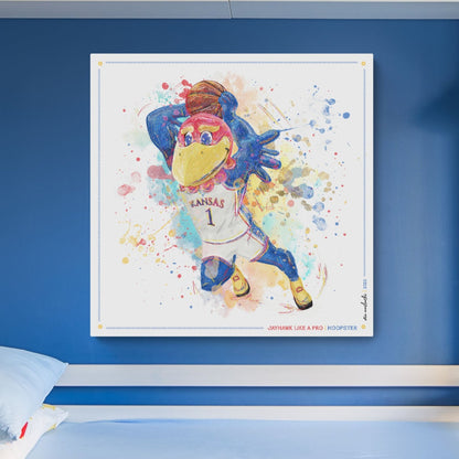 KU Jayhawk Hoopster Art: University of Kansas Basketball Splatter Paint Canvas Print