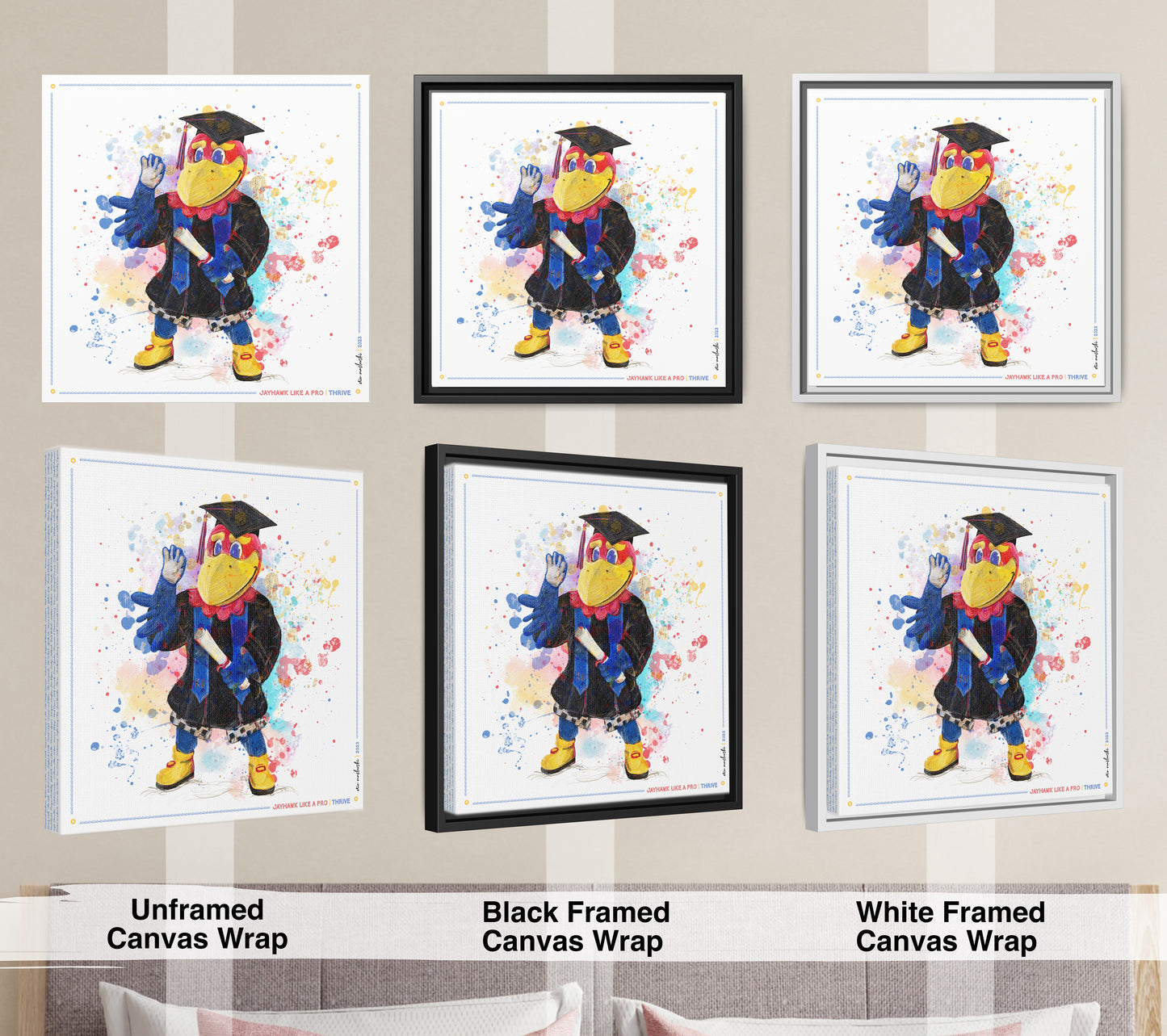 KU Jayhawk Thrive Art: University of Kansas Graduation Splatter Paint Canvas Print