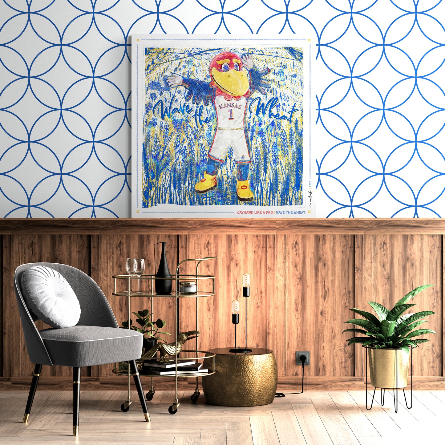 Jayhawk like a Pro | Wave the Wheat | Blue Sketches | Canvas Print | No Frame Needed