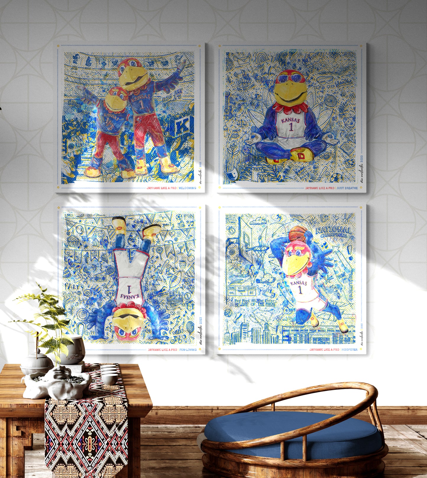 Jayhawk like a Pro | Welcoming | Sketches | Big Jay | Little Baby Jay | KU Art | Kansas Mascot | KU Gift | Canvas Print | No Frame Needed