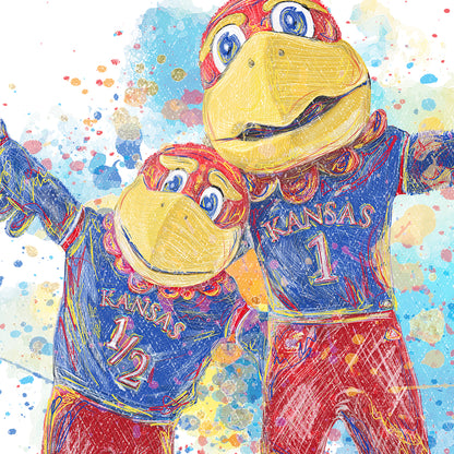 KU Jayhawk Welcoming Art: University of Kansas Big Jay and Baby Jay Splatter Canvas Print