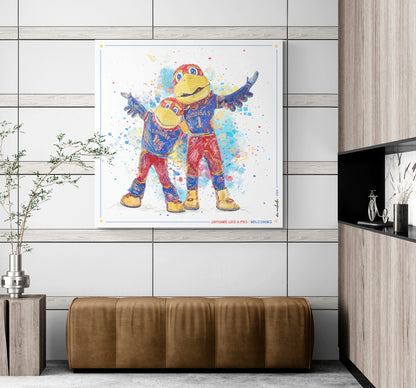 KU Jayhawk Welcoming Art: University of Kansas Big Jay and Baby Jay Splatter Canvas Print