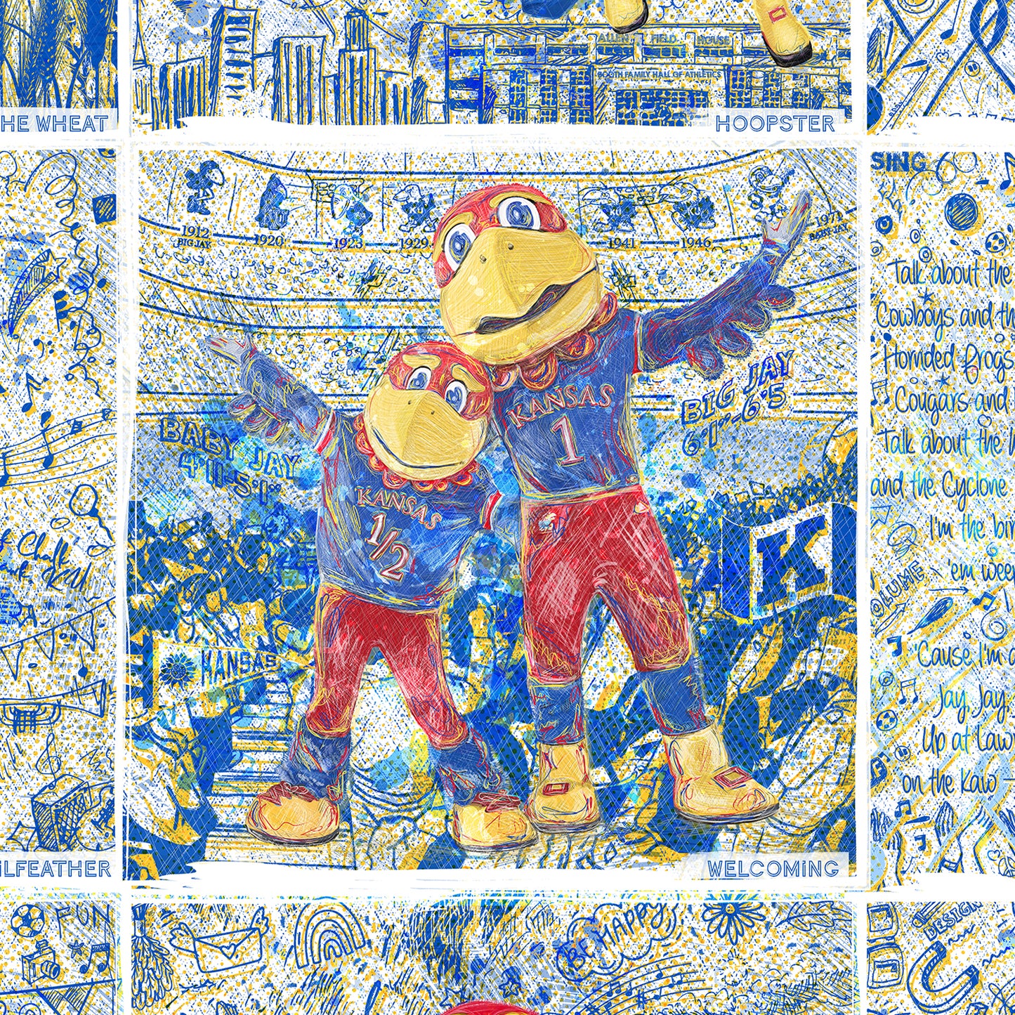 Jayhawk like a Pro | Blue Sketches | KU Jayhawks Art | Kansas Mascot | KU Gift |  | Graduation | Canvas Print No | Frame Needed