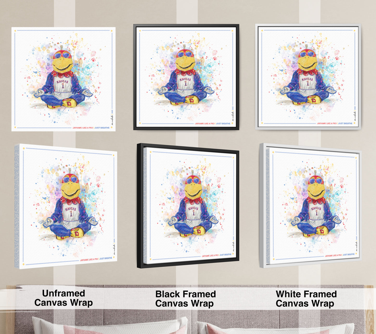 KU Jayhawk Just Breathe Art: University of Kansas Splatter Paint Canvas Print