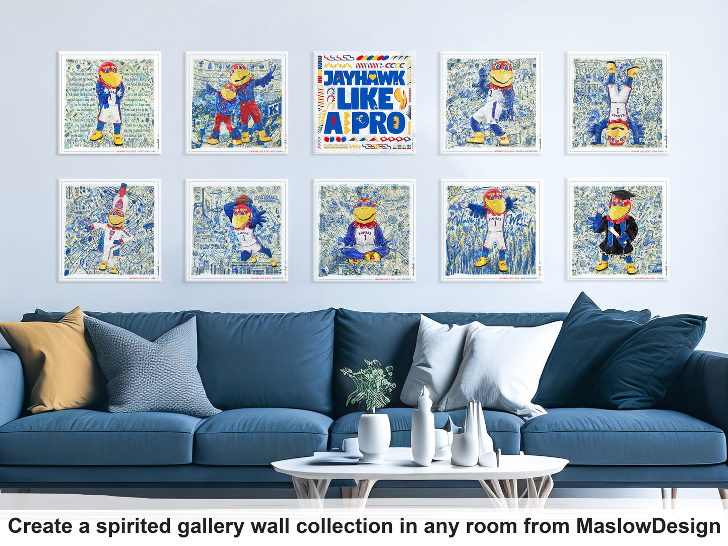 Jayhawk like a Pro | Blue Sketches | KU Jayhawks Art | Kansas Mascot | KU Gift |  | Graduation | Canvas Print No | Frame Needed