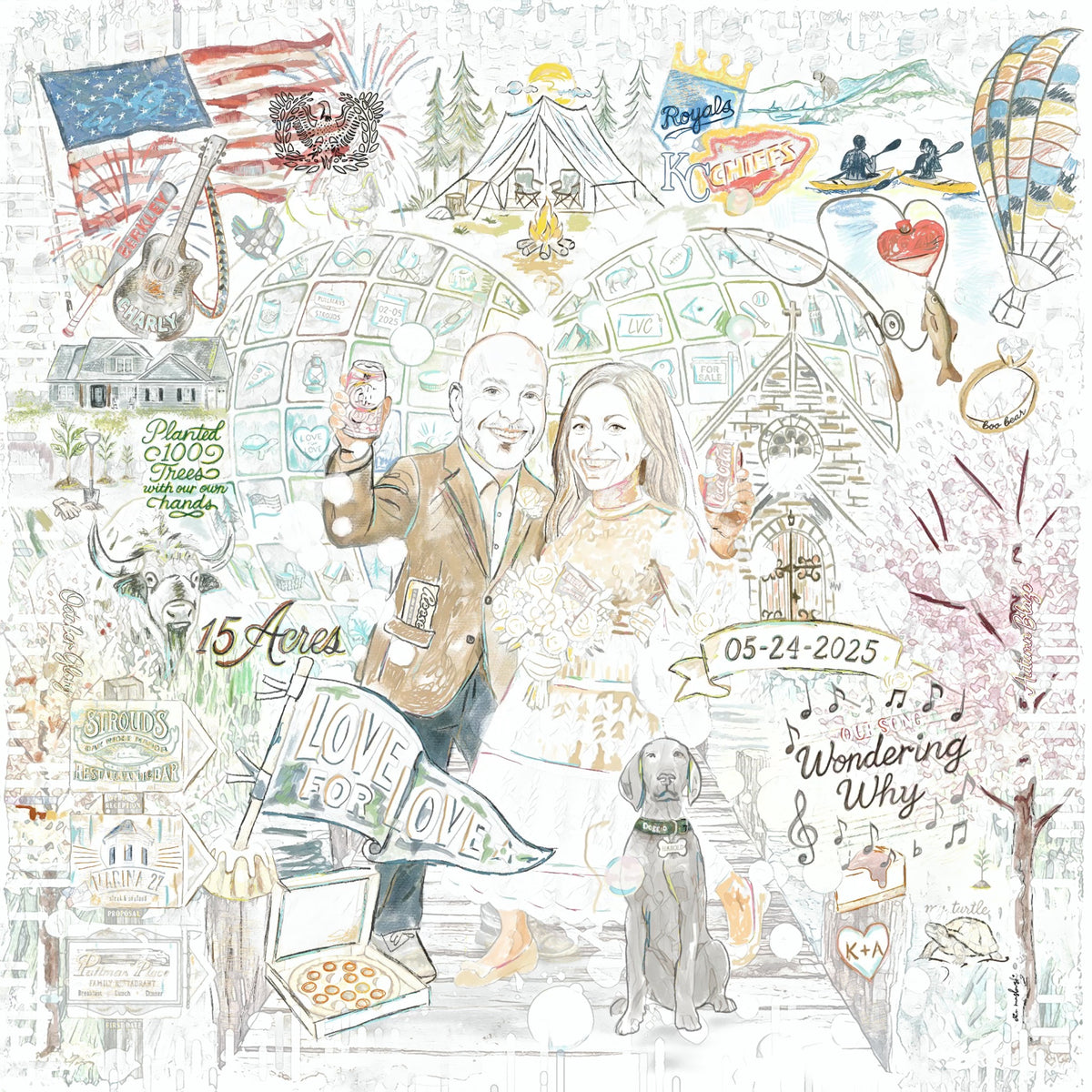 Hand-drawn custom couple’s heart sketch with a wedding portrait, pets, places and meaningful details.