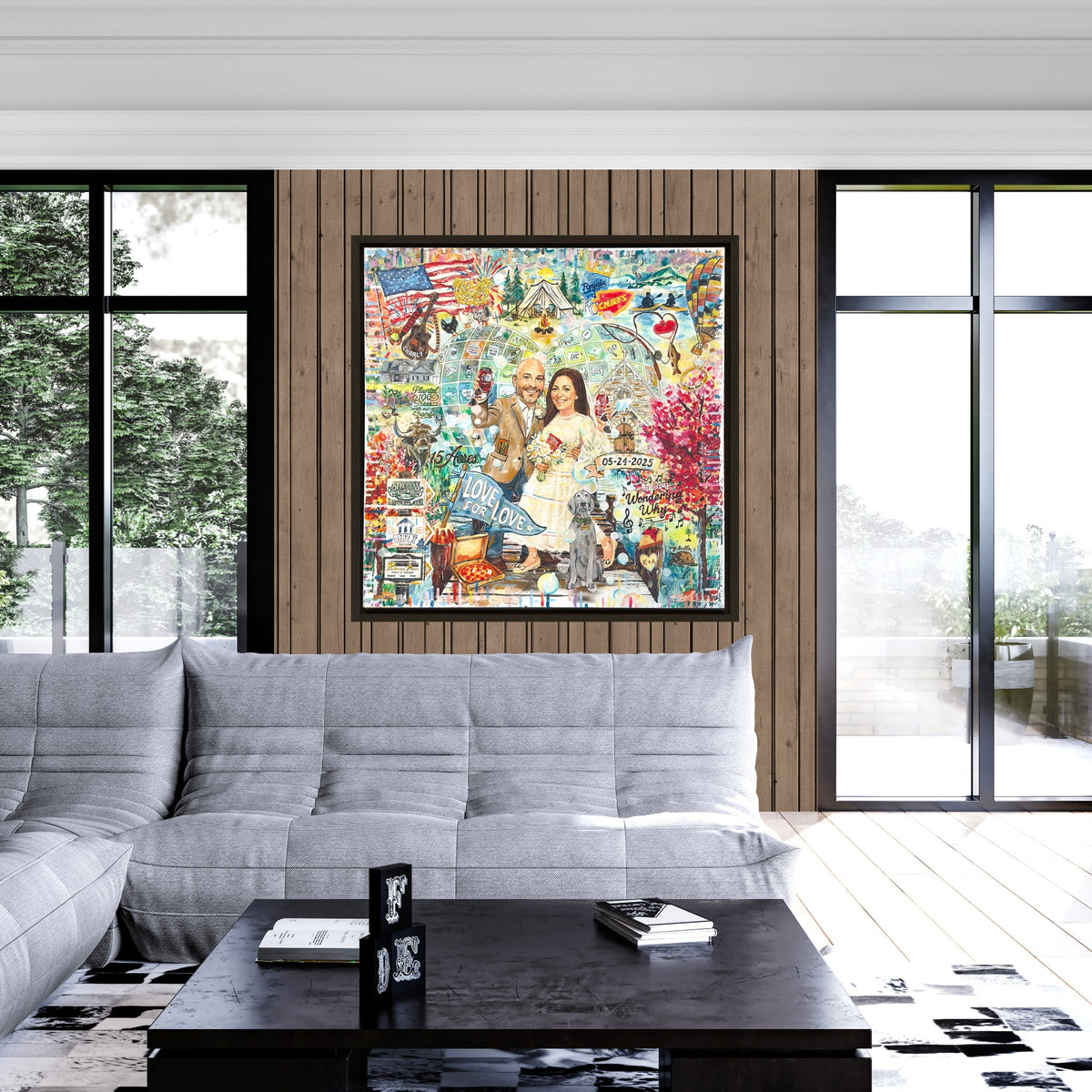 Custom couple’s heart artwork filled with hand-drawn memories, displayed in a black frame above a sofa.