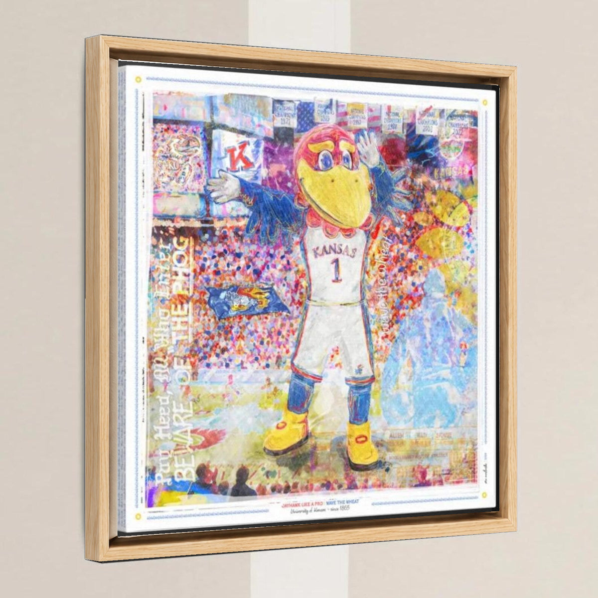 KU Jayhawk Wave the Wheat Art: University of Kansas Allen Fieldhouse Canvas Print in a light oak float frame