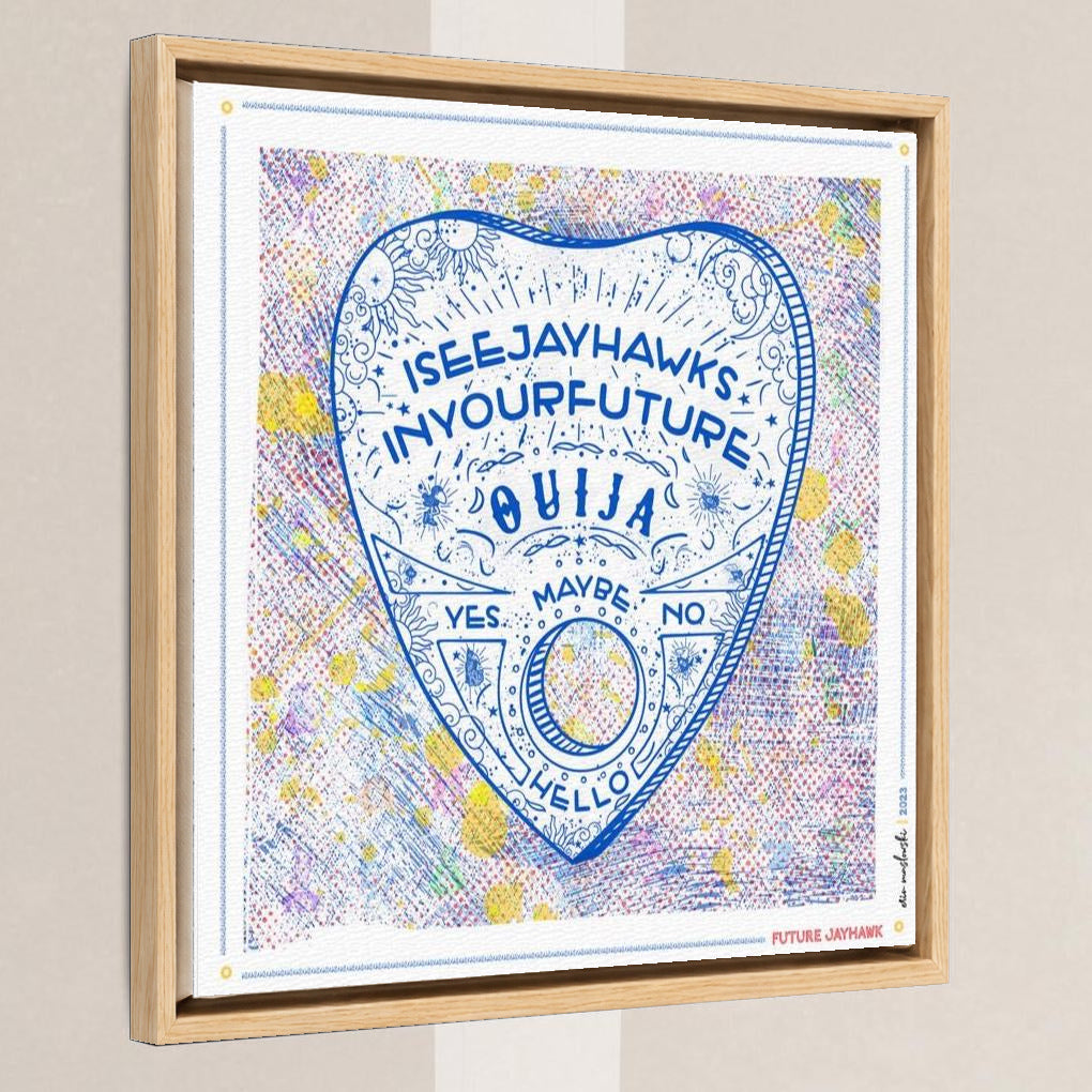 KU Ouija Jayhawk Prophecy Art: Kansas Graduation Print in a light oak float frame