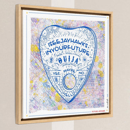 KU Ouija Jayhawk Prophecy Art: Kansas Graduation Print in a light oak float frame