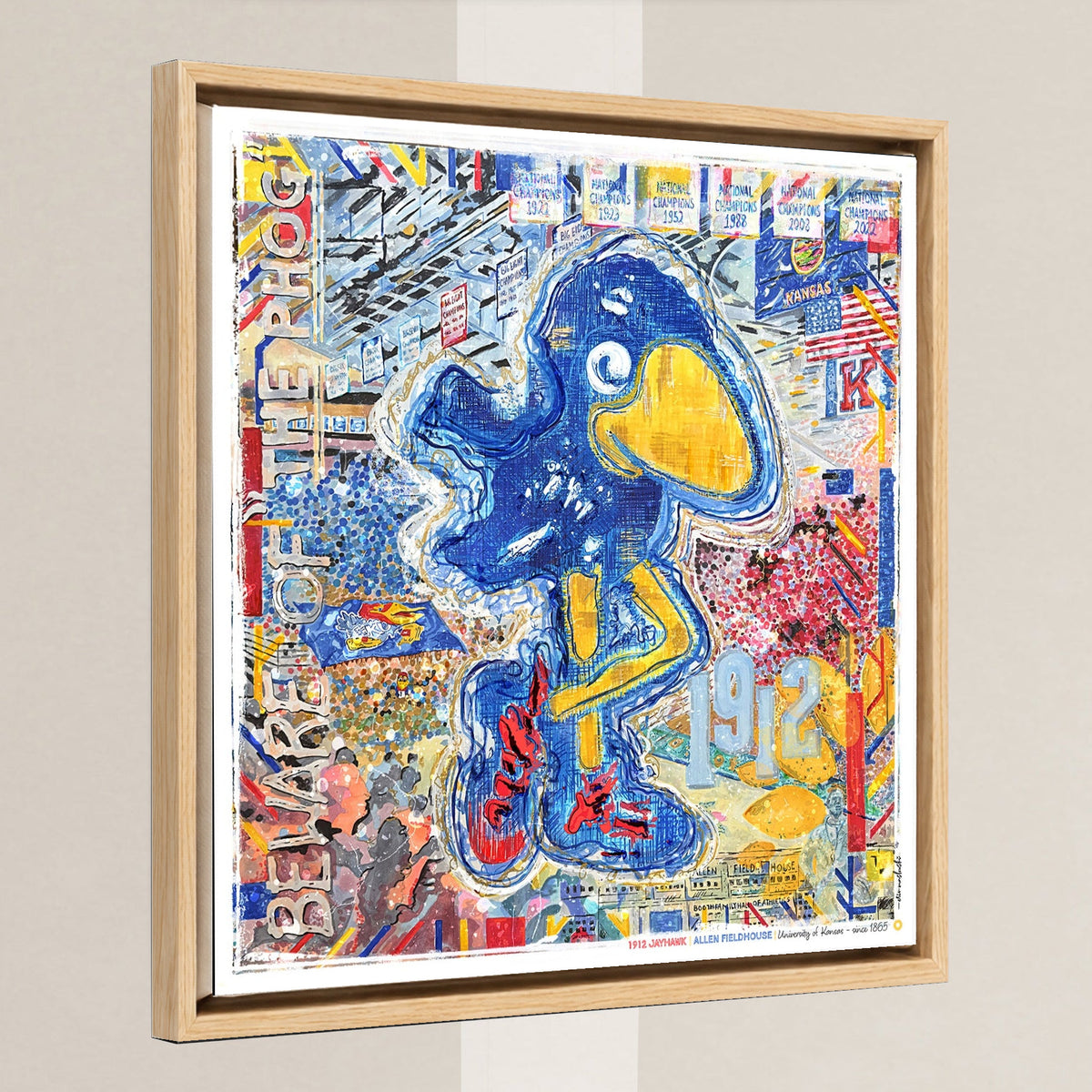KU 1912 Jayhawk Art: Kansas University Allen Fieldhouse Canvas Print in a light oak float frame