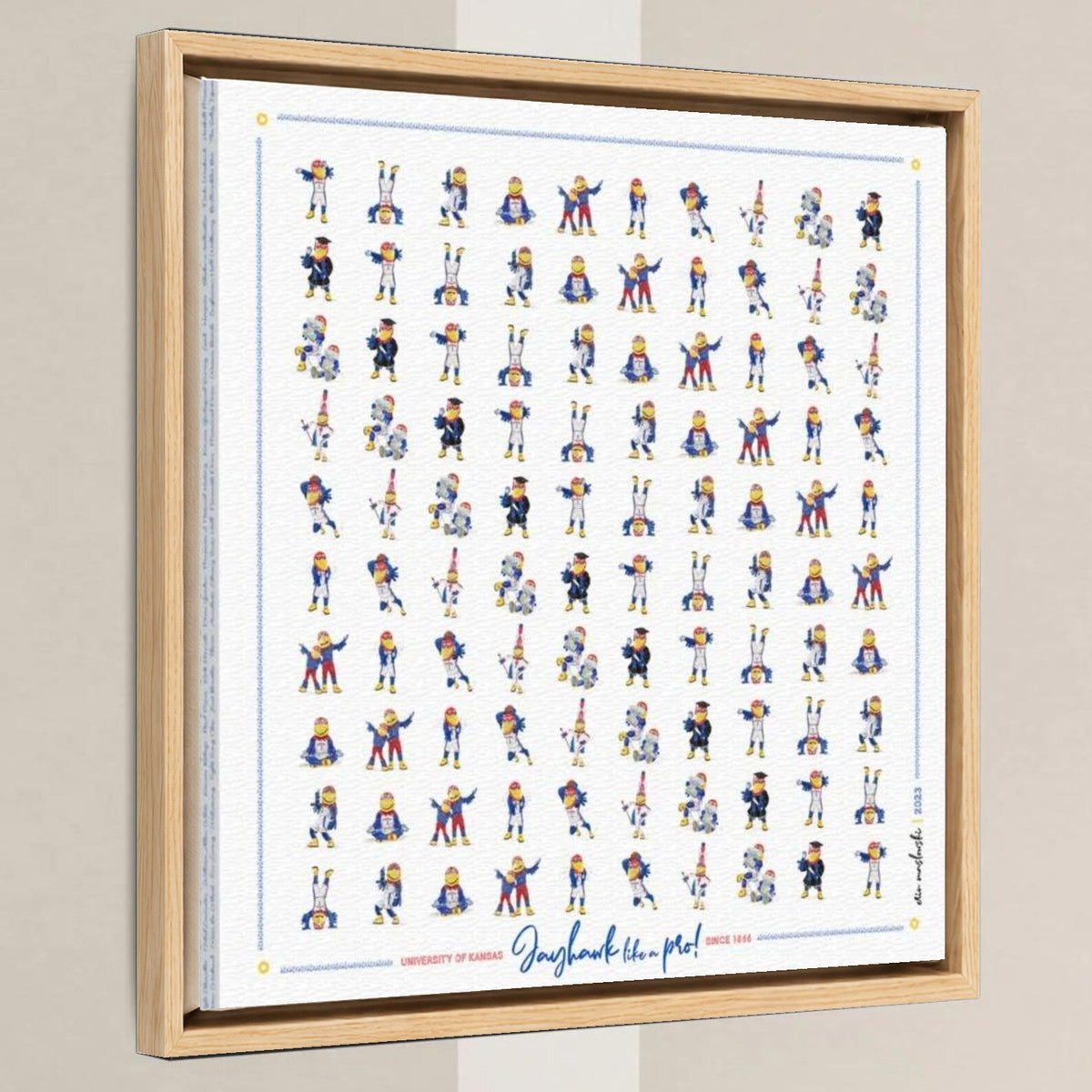 KU Kansas Jayhawks Pattern Art: KU Gift, Graduation Canvas in a light oak float frame