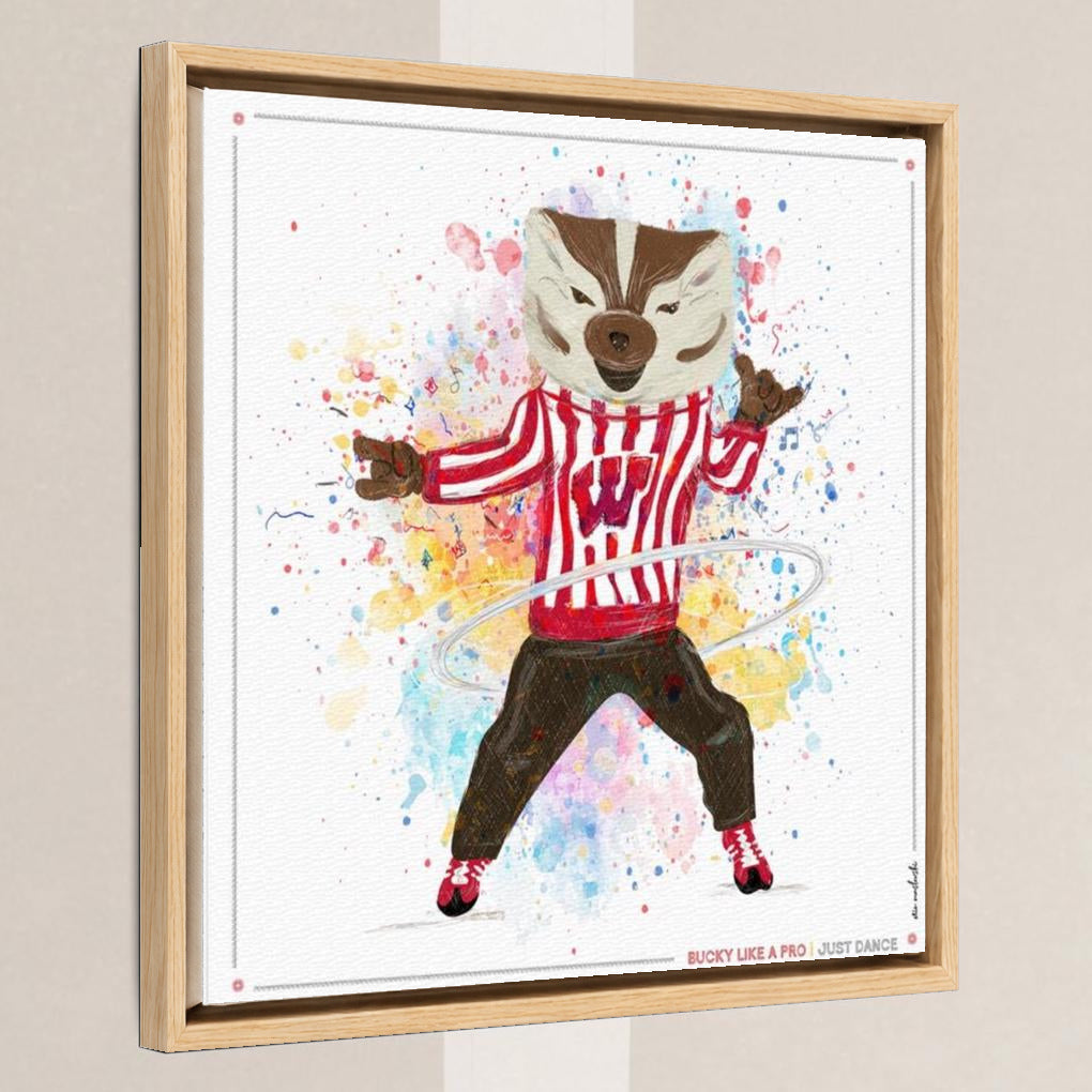 UW Bucky Badger Just Dance Art: Wisconsin Hula Hoop Canvas Print in a light oak float frame