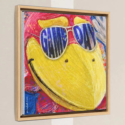 KU Jayhawk Game Day Close Up Art: University of Kansas Canvas Print in a light oak float frame