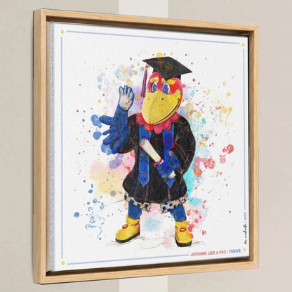 KU Jayhawk Thrive Art: University of Kansas Graduation Splatter Paint Canvas Print in a light oak float frame