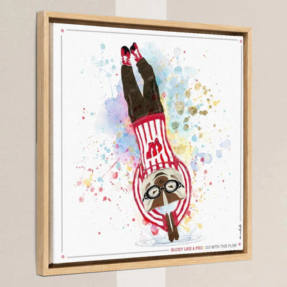 UW Bucky Badger Go with the Flow Art: Wisconsin Diving Canvas Print in a light oak float frame