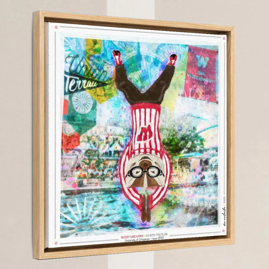 UW Bucky Badge Go with the Flow Art: University of Wisconsin Union Terrace Canvas Print in a light oak float frame