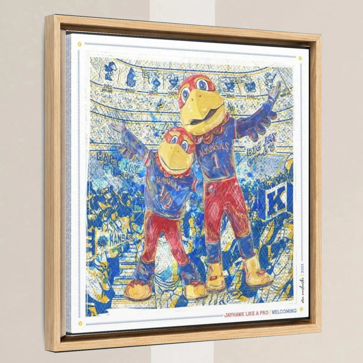 KU Jayhawk Welcoming Art: University of Kansas Big Jay and Baby Jay Sketches Canvas Print in a light oak float frame