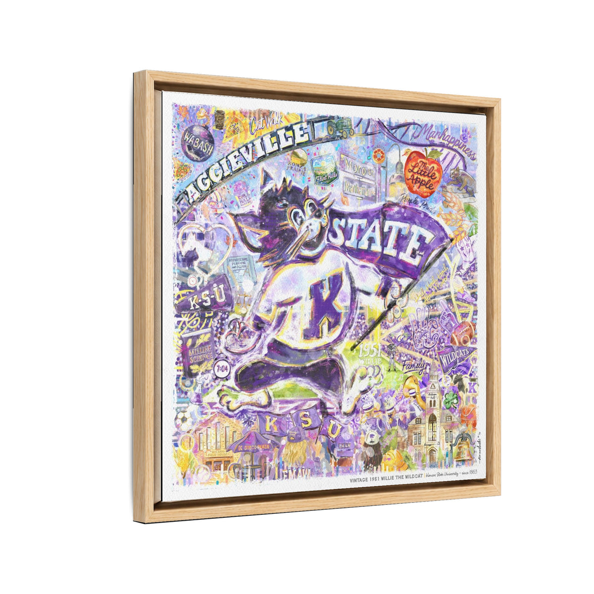 Kansas State 1951 Willie the Wildcat - Bill Snyder Family Stadium in a light oak float frame