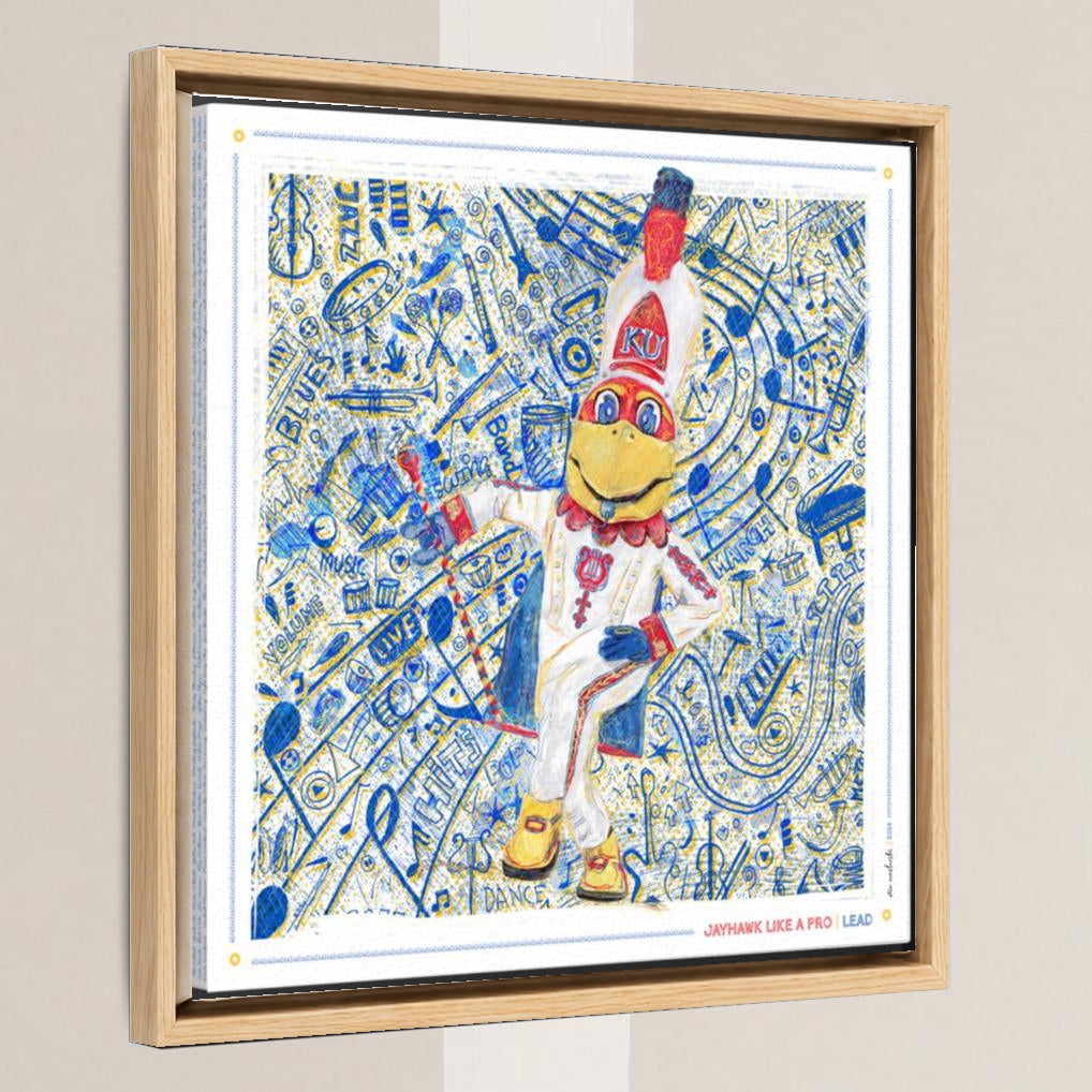 KU Jayhawk Lead Art: University of Kansas Drum Major Sketches Canvas Print in a light oak float frame