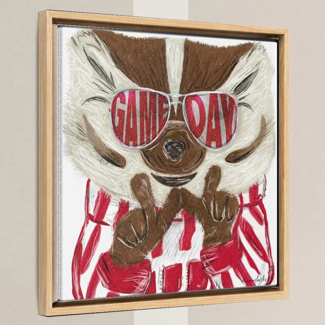 UW Bucky Badger Game Day Art: Wisconsin "Throw the W" Canvas Print in a light oak float frame