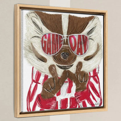 UW Bucky Badger Game Day Art: Wisconsin "Throw the W" Canvas Print in a light oak float frame