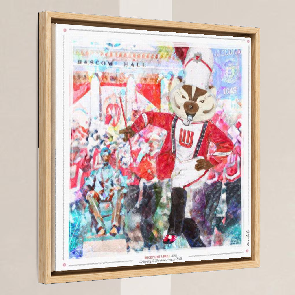 UW Bucky Badger Drum Major Art: Wisconsin Band Lead Bascom Hall Parade Canvas Print in a light oak float frame