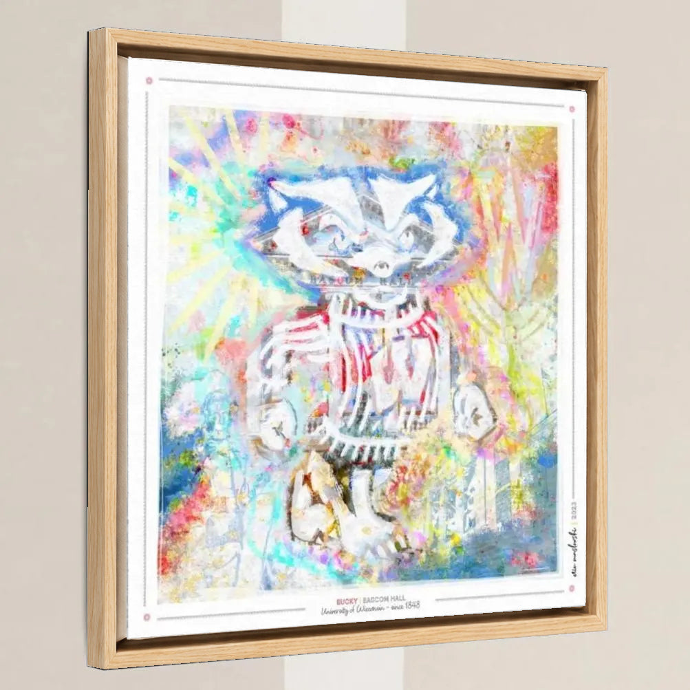 UW Bucky Badger Bascom Hall Art: Wisconsin Canvas Print in a light oak float frame