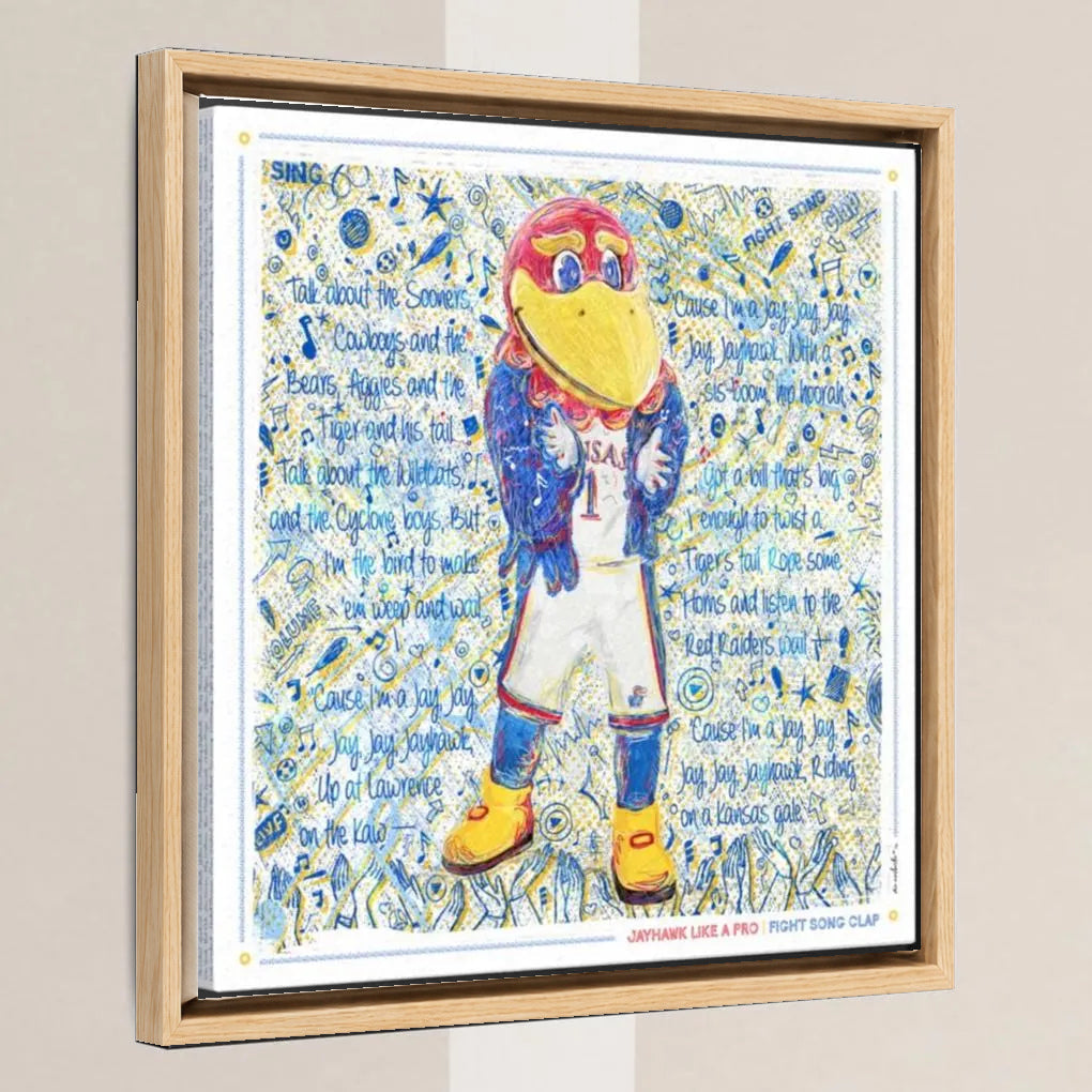 KU Jayhawk Fight Song Clap Art: Kansas University Sketches Canvas Print in a light oak float frame