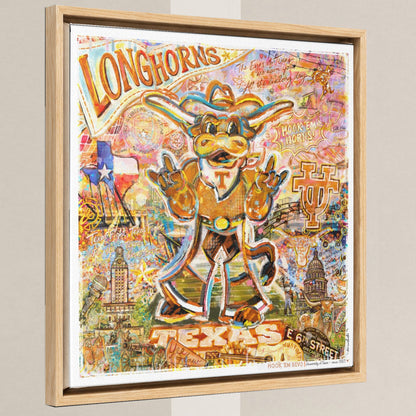 University of Texas at Austin Longhorns | UT | Hook ‘Em | Bevo in a light oak float frame