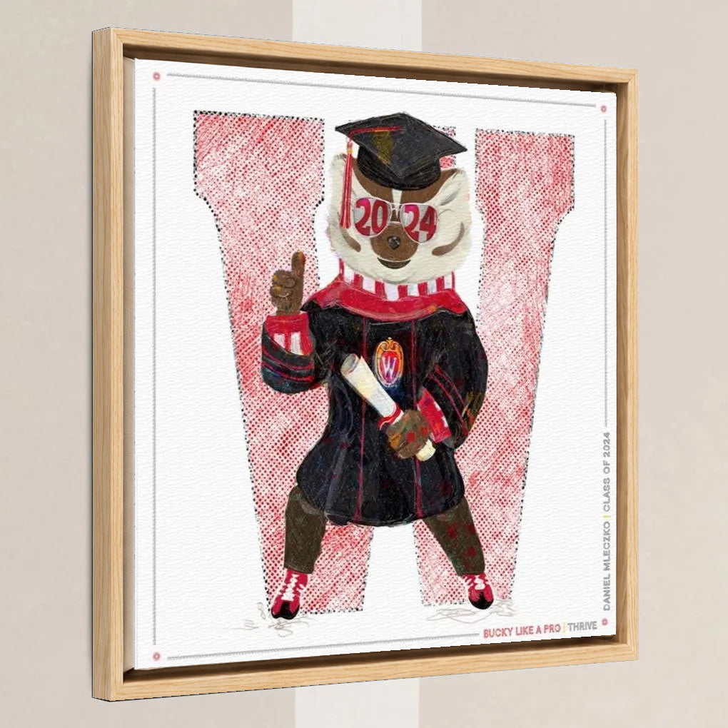 UW Personalized Bucky Badger Graduation Art: Wisconsin Canvas Print in a light oak float frame