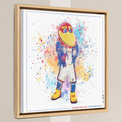 KU Jayhawk Fight Song Clap Art: Kansas University Splatter Paint Canvas Print in a light oak float frame